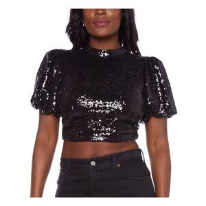 ALEX & SOPHIA Womens Black Open Back Tie Lined Pouf Sleeve Crop Top Juniors XXS